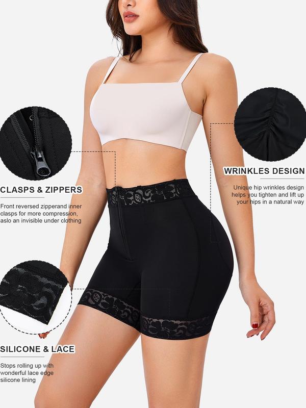 Women's Zipper Front Contrast Lace High Waist Shapewear Shorts, Tummy Control Butt Lifting Shaper, High Stretch Shapewear Bottoms for Daily Wear