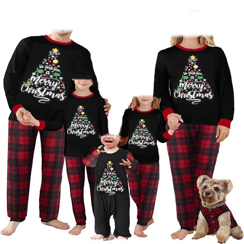 Christmas Family Matching Pajamas Letter Print Long Sleeve Tops and Plaid Pants for Loungewear Soft Sleepwear