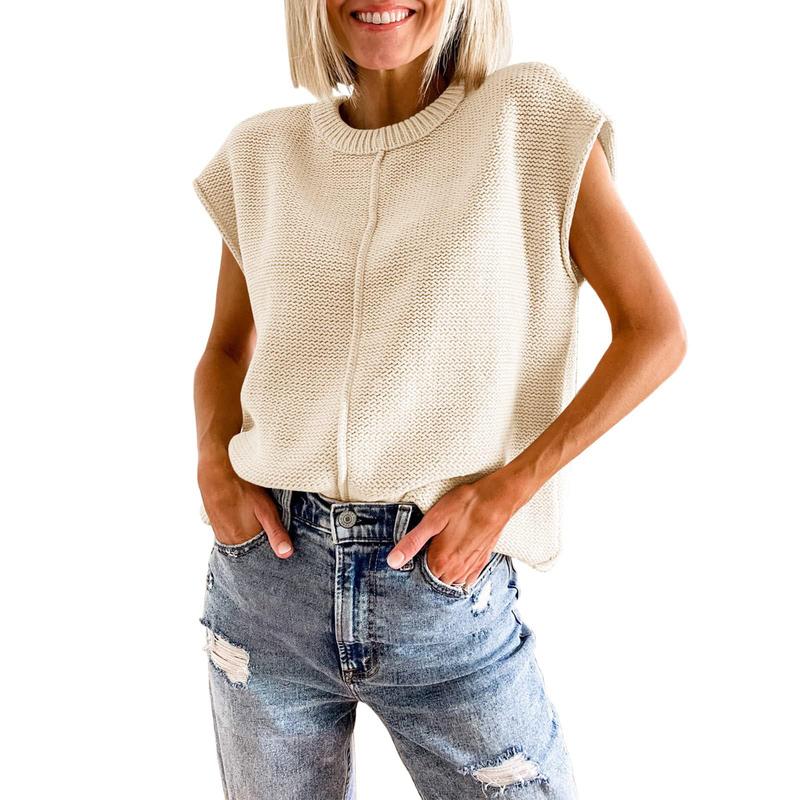 Women's Crew Neck Sleeveless Sweater Vest Casual Solid Cap Sleeve Loose Fit Knit Pullover Tank Tops Jumper Top