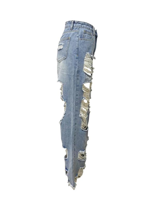  Solid Ripped Button Straight Leg Jeans, Fashion Casual Pocket Raw Hem Denim Trousers for Daily Outdoor Wear, Women's Bottoms for Fall & Winter