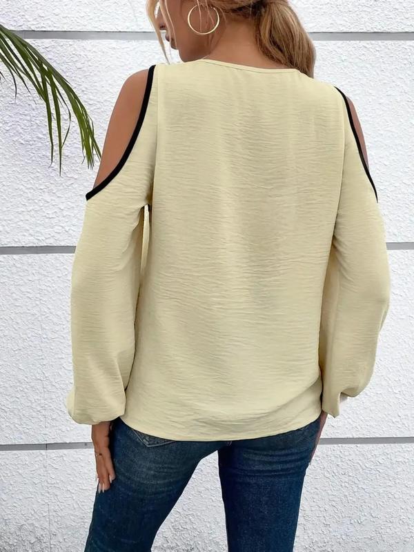 Women's Colorblock Cut Out Asymmetrical Neck Blouse, Elegant Bishop Sleeve Top for Spring & Fall, Ladies Clothes for Daily Wear