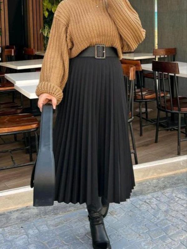  Solid Color Pleated Skirt, Elegant Fashion Casual A Line Long Skirt for Daily Outdoor Wear, Women Clothing for Fall & Winter