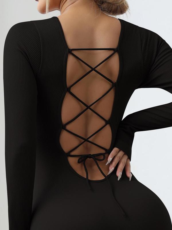 Women's Solid Lace Up Tie Back Sports Jumpsuit, Casual Sporty Thumb Hole Design  Square Neck Long Sleeve Jumpsuit for Yoga Gym Workout, Ladies Sportswear for Spring & Fall