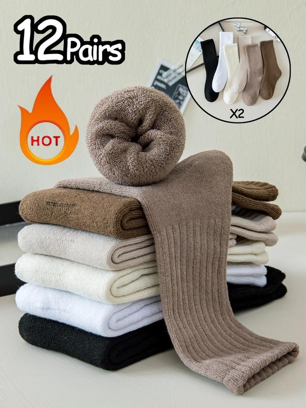 Women's Solid Thermal Lined Crew Socks, Casual Soft Comfy Breathable Pile Socks for Fall & Winter, Women's Socks for Daily Wear