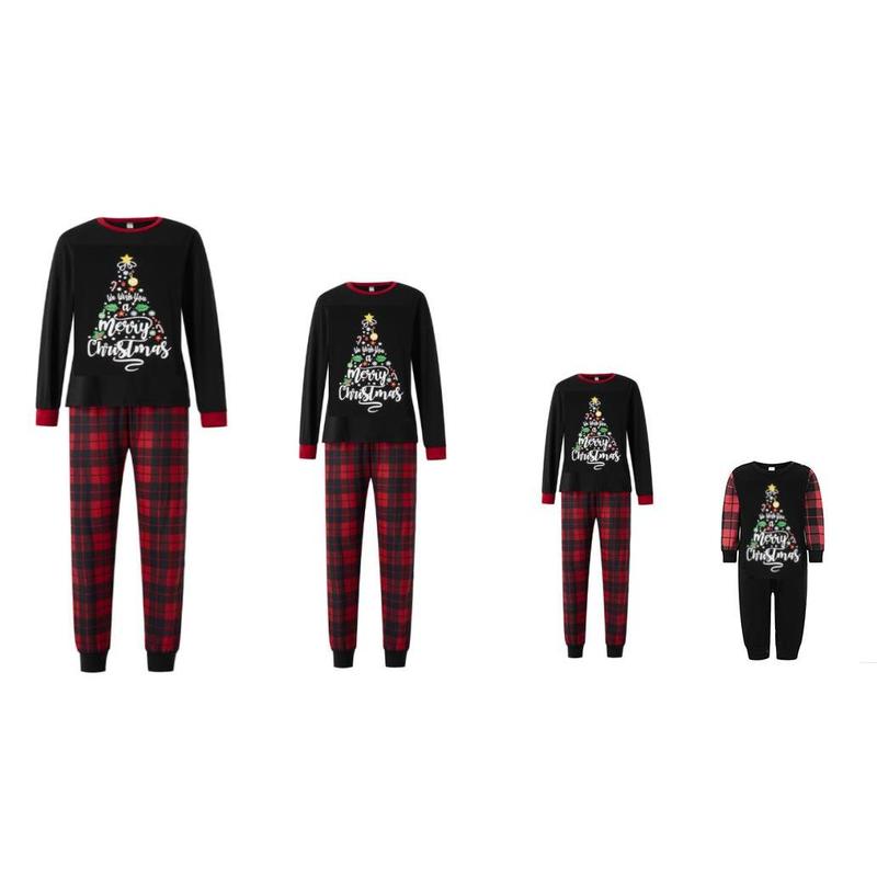 Christmas Family Matching Pajamas Letter Print Long Sleeve Tops and Plaid Pants for Loungewear Soft Sleepwear