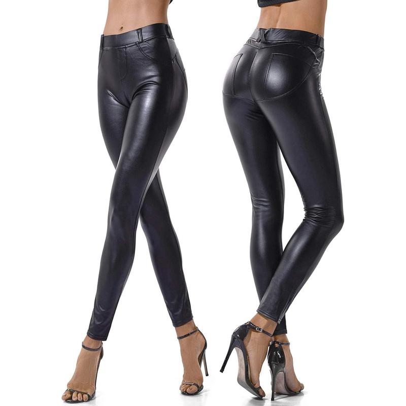 Women's Faux Leather Leggings Pants PU Elastic Shaping Hip Push Up Black Sexy Stretchy High Waisted Tights