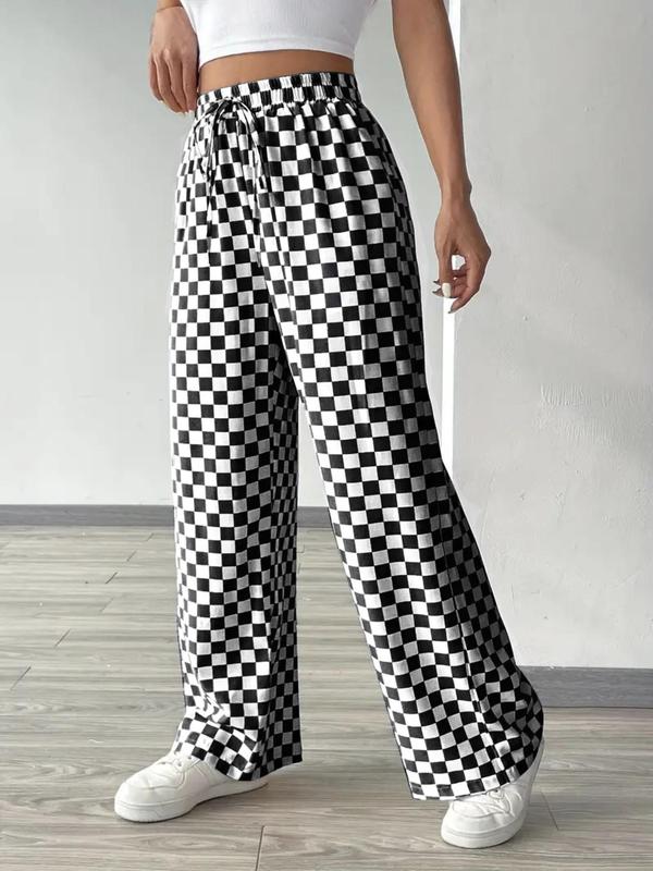  Plaid Print Drawstring Waist Wide Leg Pants, Casual Comfy Trousers for Women, Women's Bottoms for Fall & Winter