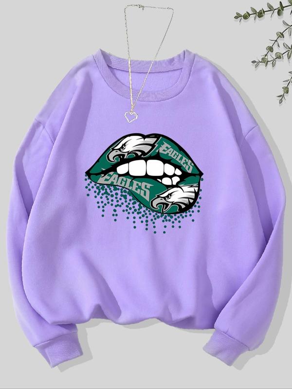 Women's Eagle & Letter & Lip Print Crew Neck Sweatshirt, Casual Long Sleeve Pullover for Fall & Winter, Women's Clothes for Daily Wear