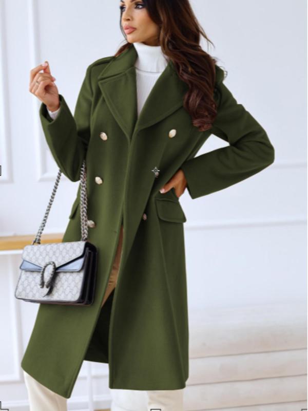 Women's Solid Double Button Lapel Overcoat, Elegant Long Sleeve Woolen Outerwear for Fall & Winter, Women's Clothing for Daily Wear