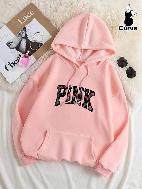  Letter Print Drawstring Pocket Hoodie, Casual Drop Shoulder Long Sleeve Hooded Sweatshirt, Ladies Fall & Winter Clothes for Daily Wear Graphic Hoodie