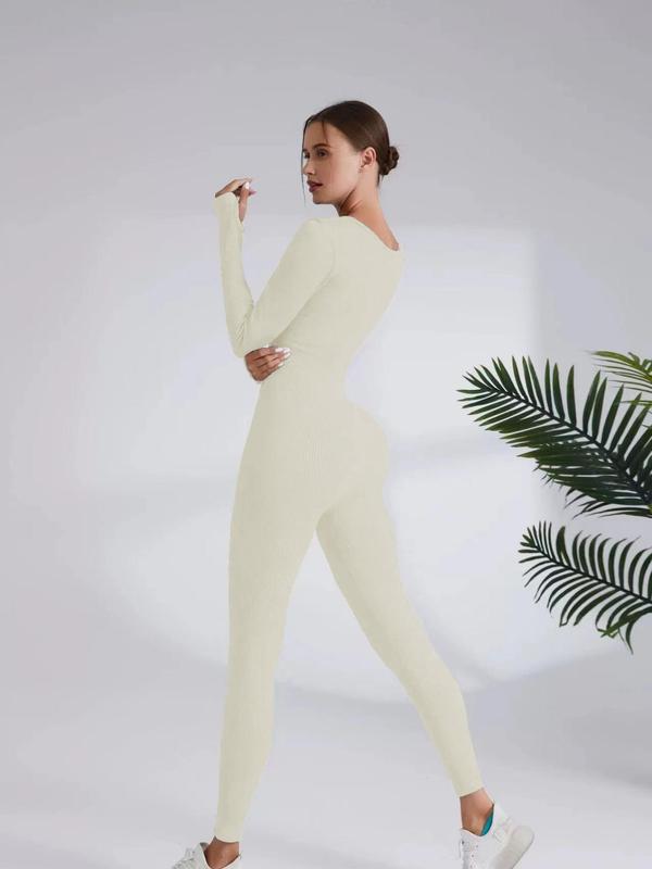 Women's Solid Long Sleeve Square Neck Sports Jumpsuit, Casual Comfy Bodycon Jumpsuit for Yoga Gym Workout, Ladies Sportswear for Fall & Winter