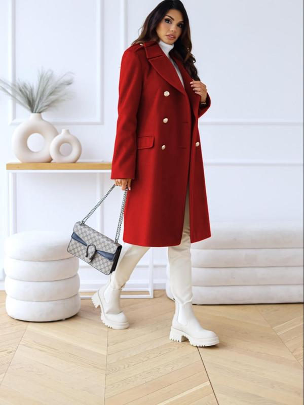 Women's Solid Double Button Lapel Overcoat, Elegant Long Sleeve Woolen Outerwear for Fall & Winter, Women's Clothing for Daily Wear