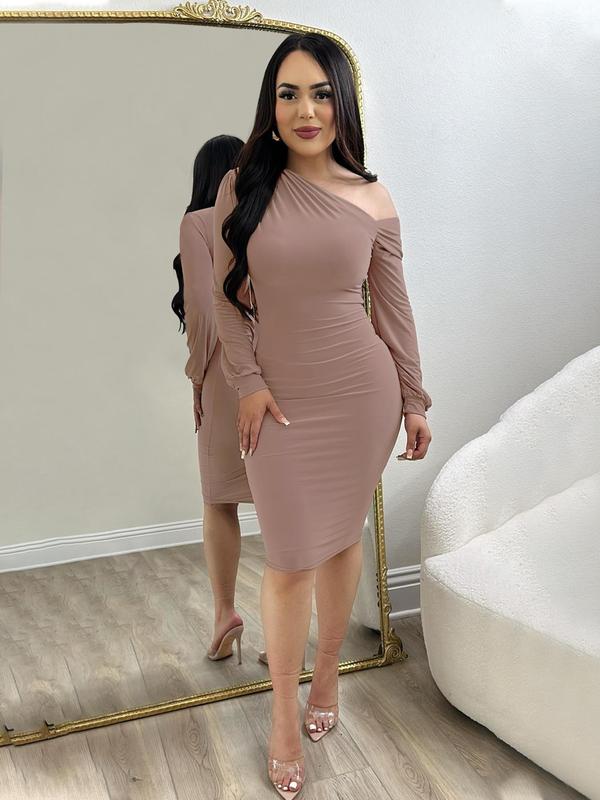 Women's Plain Ruched Asymmetrical Neck Bodycon Dress, Elegant Long Sleeve Short Dress for Party Dating Wear, Women's Clothing for Spring & Fall