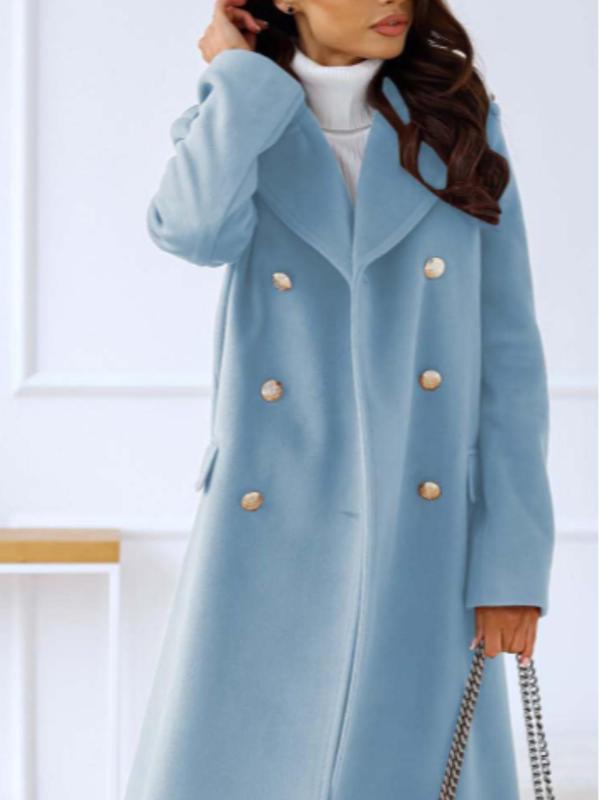 Women's Solid Double Button Lapel Overcoat, Elegant Long Sleeve Woolen Outerwear for Fall & Winter, Women's Clothing for Daily Wear