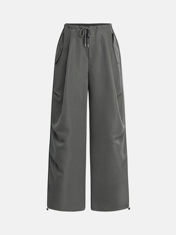 YOZY Women's Solid Drawstring Waist Wide Leg Pants, Casual Pocket Trousers for Daily Wear, Ladies Bottoms for All Seasons