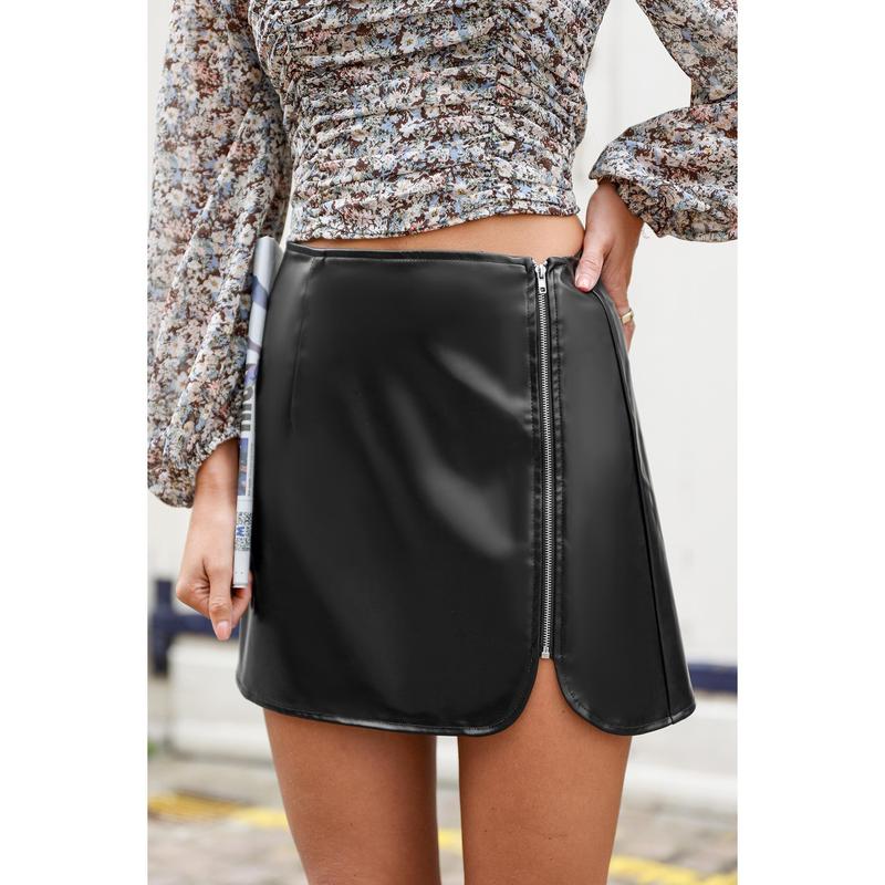 Black Faux Leather Side Zipper Dawn Notched Hem Mini Skirt Short Skirts D-C