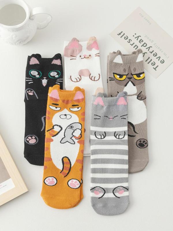 Women's Colorblock & Cat Print Mid-calf Sock, Casual Moisture Wicking Sock, Soft Comfy Breathable Sock for All Seasons Daily Wear