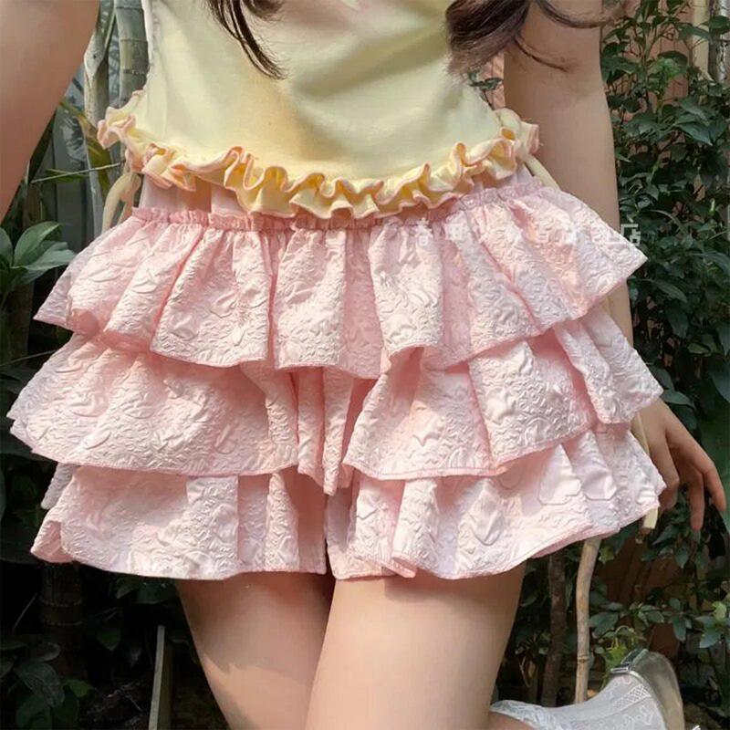 Women's Fashion Bloomers Shorts Solid Color 3D Wrinkled Layered Ruffle Elastic Waist Short Pants Summer Casual Shorts