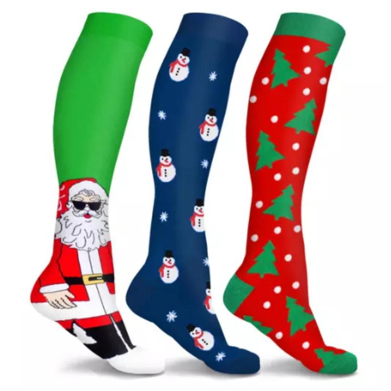 Festive Holiday Knee High Socks for Women and Men - Fun Christmas Designs (3-Pairs) Unisex Womenswear Comfortable Stocking Stretchy Soft