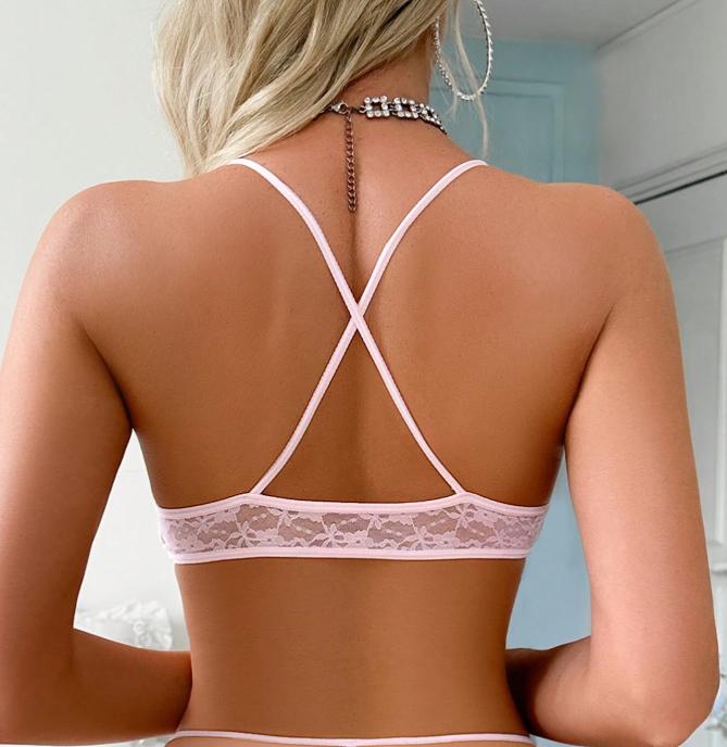 Women Spaghetti Strap Backless Criss-Cross Crop Top & Thong Lingerie Set