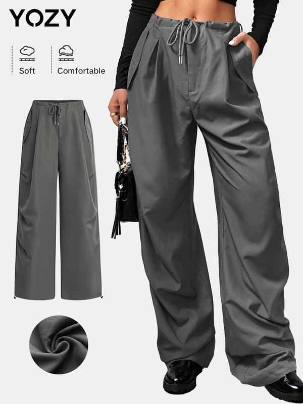 YOZY Women's Solid Drawstring Waist Wide Leg Pants, Casual Pocket Trousers for Daily Wear, Ladies Bottoms for All Seasons