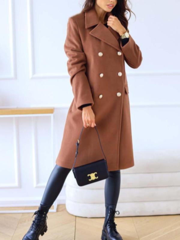 Women's Solid Double Button Lapel Overcoat, Elegant Long Sleeve Woolen Outerwear for Fall & Winter, Women's Clothing for Daily Wear