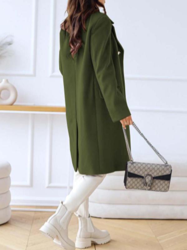 Women's Solid Double Button Lapel Overcoat, Elegant Long Sleeve Woolen Outerwear for Fall & Winter, Women's Clothing for Daily Wear