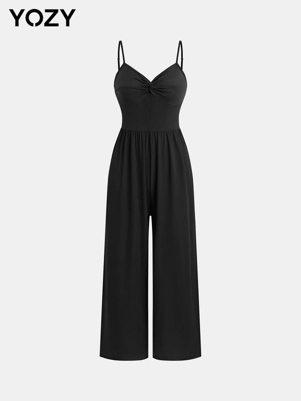 YOZY Twist Ruched Wide Leg Cami Jumpsuit  Elegant Adjustable Spaghetti Strap Straight Leg Jumpsuit, 2024 Women's Summer & Fall Outfits for Daily Wear