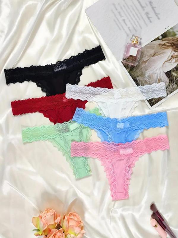 Women's Solid Color Bow Decor Lace Trim Panty, Soft Comfy Breathable Knicker for Daily Wear, Women's Underwear for All Seasons