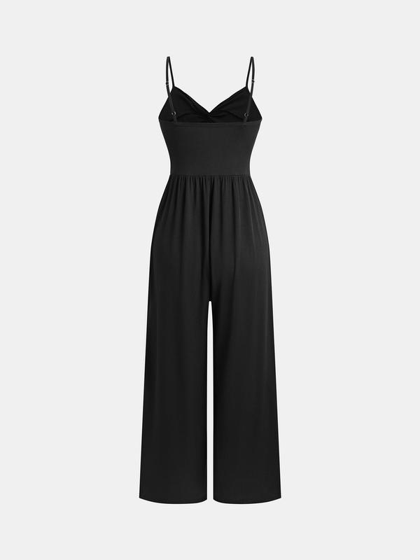 YOZY Twist Ruched Wide Leg Cami Jumpsuit  Elegant Adjustable Spaghetti Strap Straight Leg Jumpsuit, 2024 Women's Summer & Fall Outfits for Daily Wear