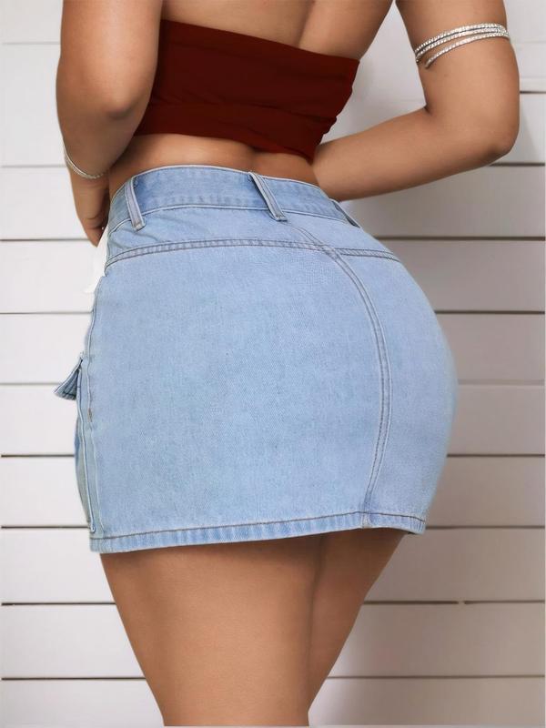 Women's Pocket Button Denim Skirt, Casual High Waist Mini Skirt, Ladies Bottoms for Daily Wear, Skirt for Women, Back To School Outfits, Denim Skirts for Women, Summer Outfits 2024