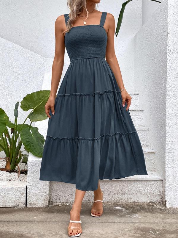 Women's Ruffle Hem Shirred Vintage Cami Dress, Bohemian Comfort Mufti Clothes, Frill Trim Backless Dress, Capri Sun Dress , Dresses for Women, Lady Back To School Clothing for Beach Holiday Casual Wear