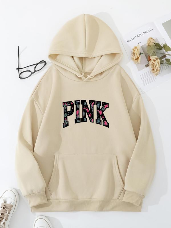  Letter Print Drawstring Pocket Hoodie, Casual Drop Shoulder Long Sleeve Hooded Sweatshirt, Ladies Fall & Winter Clothes for Daily Wear Graphic Hoodie