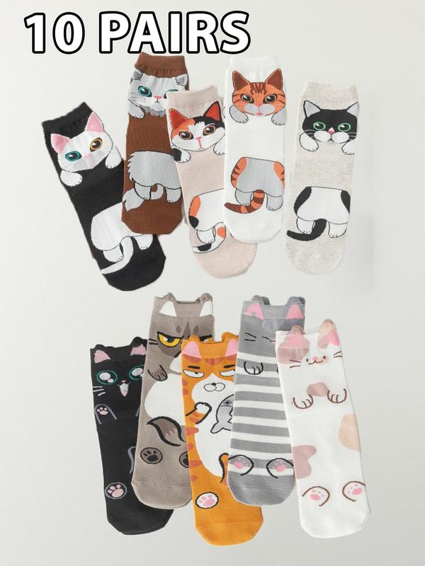 Women's Colorblock & Cat Print Mid-calf Sock, Casual Moisture Wicking Sock, Soft Comfy Breathable Sock for All Seasons Daily Wear