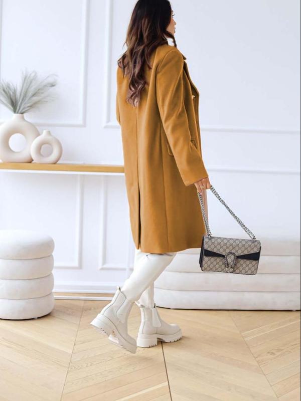 Women's Solid Double Button Lapel Overcoat, Elegant Long Sleeve Woolen Outerwear for Fall & Winter, Women's Clothing for Daily Wear