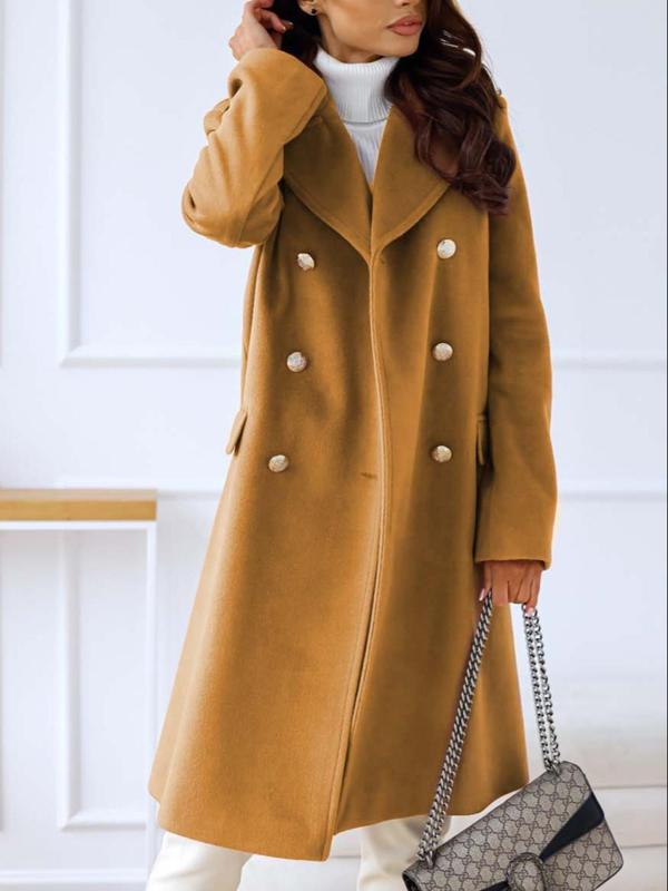 Women's Solid Double Button Lapel Overcoat, Elegant Long Sleeve Woolen Outerwear for Fall & Winter, Women's Clothing for Daily Wear