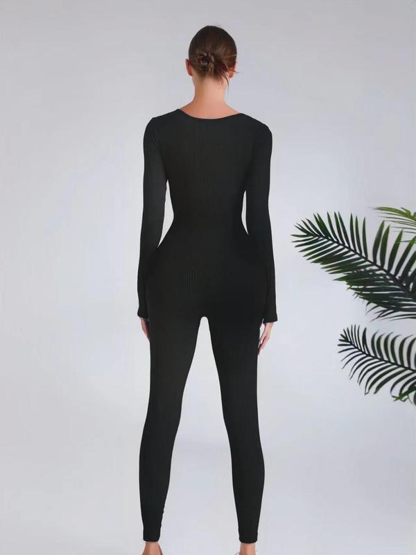 Women's Solid Long Sleeve Square Neck Sports Jumpsuit, Casual Comfy Bodycon Jumpsuit for Yoga Gym Workout, Ladies Sportswear for Fall & Winter