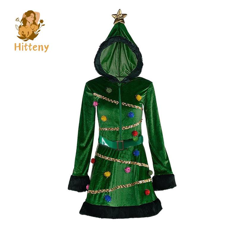 Women Christmas Tree Dress, Adult Hooded Sequin Fancy Costume with Belt, Pom-pom