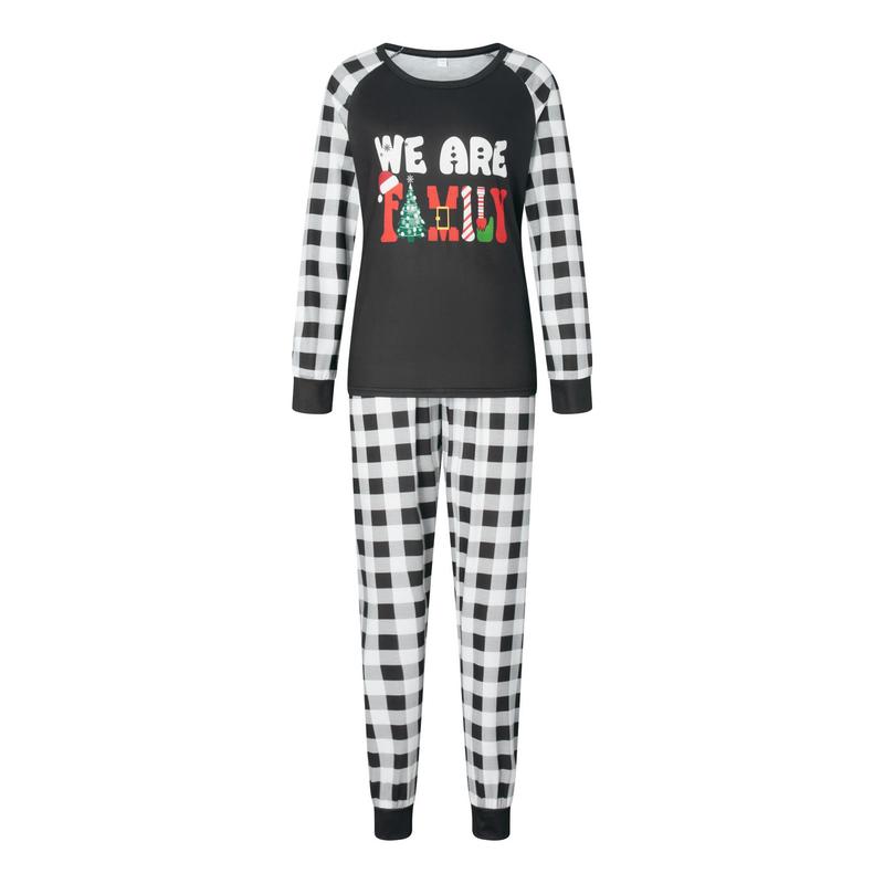 Christmas Family Pajamas Matching Set Letter Print Long Sleeve Tops and Plaid Pants Sleepwear