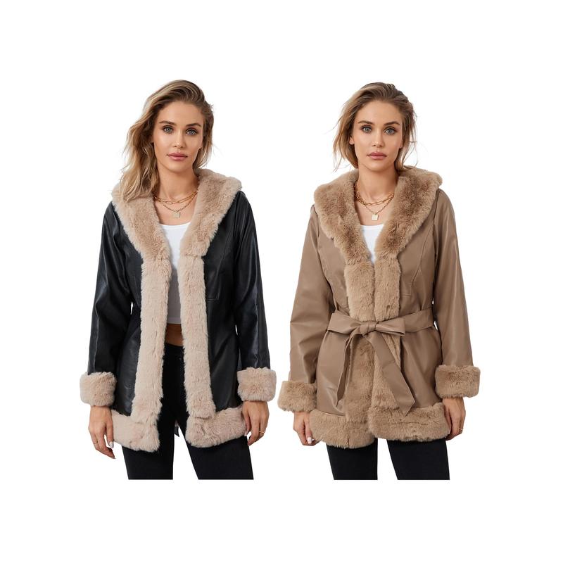 Women Casual Contrast Color Plush Collar Warm Cardigan with Belt Outwear Streetwear sports jacket detachable jacket