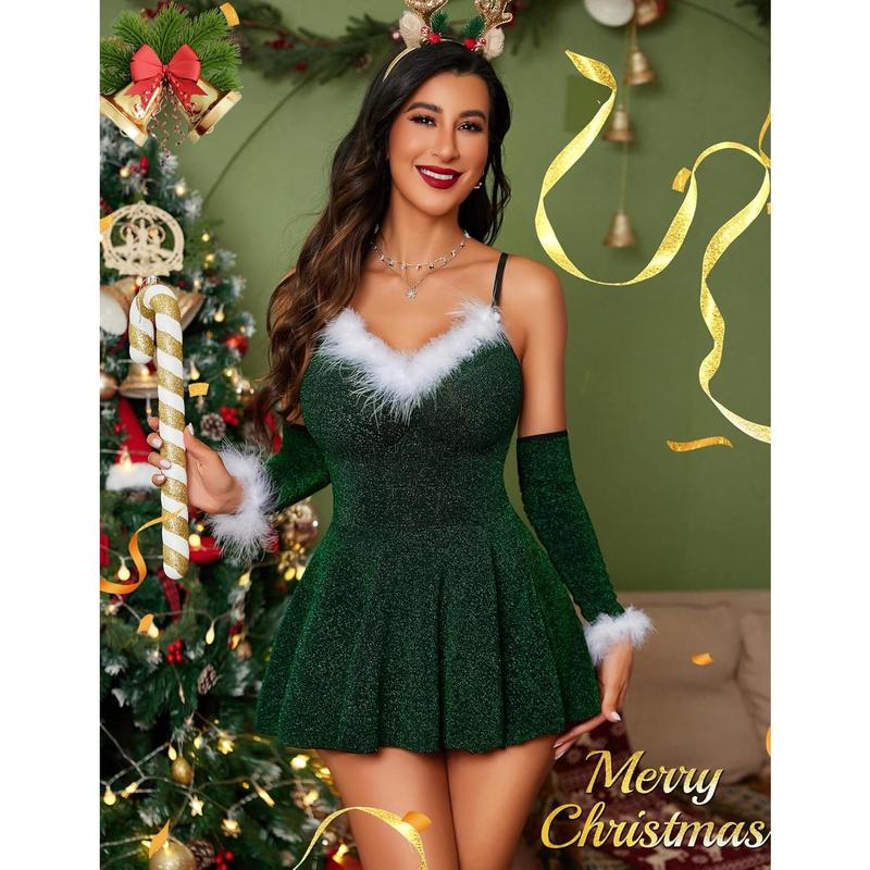 Christmas Lingerie Womens Sexy Santa Dress Babydoll Chemise Xmas Costume With Gloves S-XXL