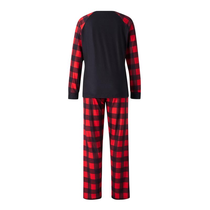 Matching Christmas Pajamas For Family, Long-Sleeved Letter Print Round Neck Tops + Plaid Pattern Trousers Sleepwear Outfits