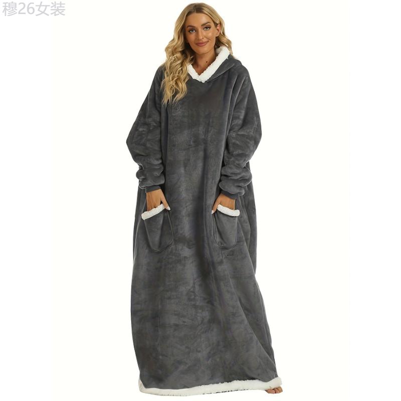 Plus Size Womens Flannel Loungewear Robe - Super Soft Hooded Wearable Blanket with Pockets for Cozy Casual Days Fabric Sleeve