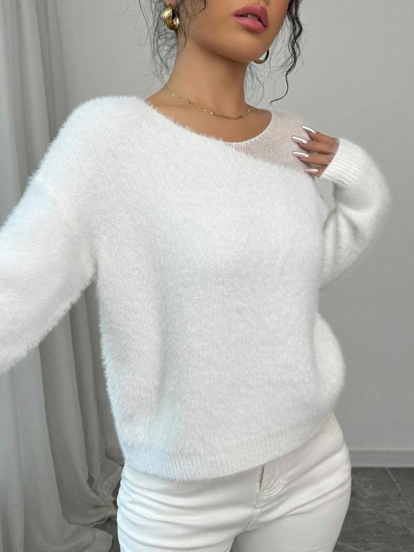 Women's Solid Color Sweater, Casual Long Sleeve Jumper for Fall & Winter, Comfortable Women's Knitwear for Daily & Party Wear