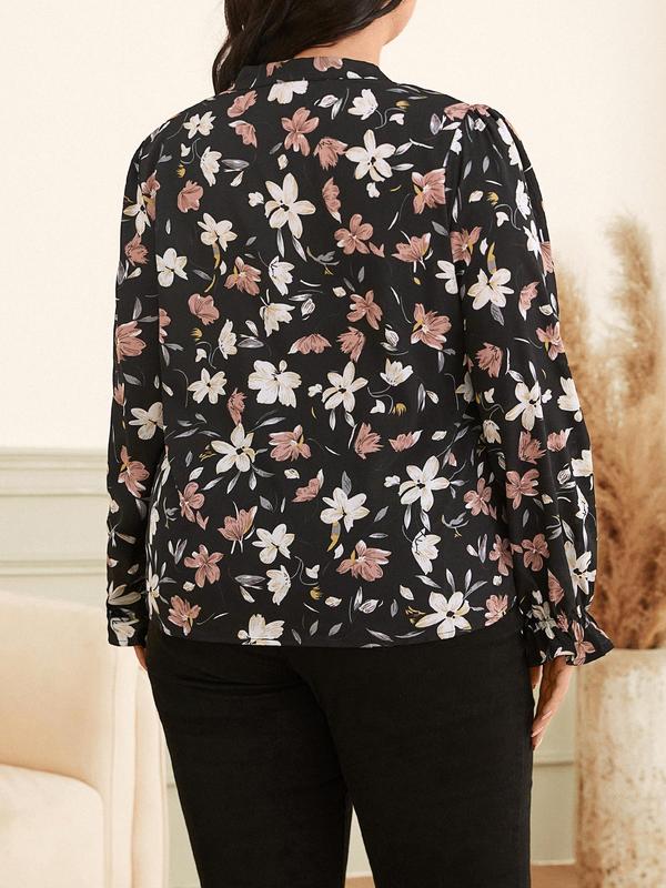 CURVZY Plus Size All Over Floral Print Notched Blouse, Casual Flounce Sleeve Top for Fall & Winter, Women's Clothes for Daily Wear