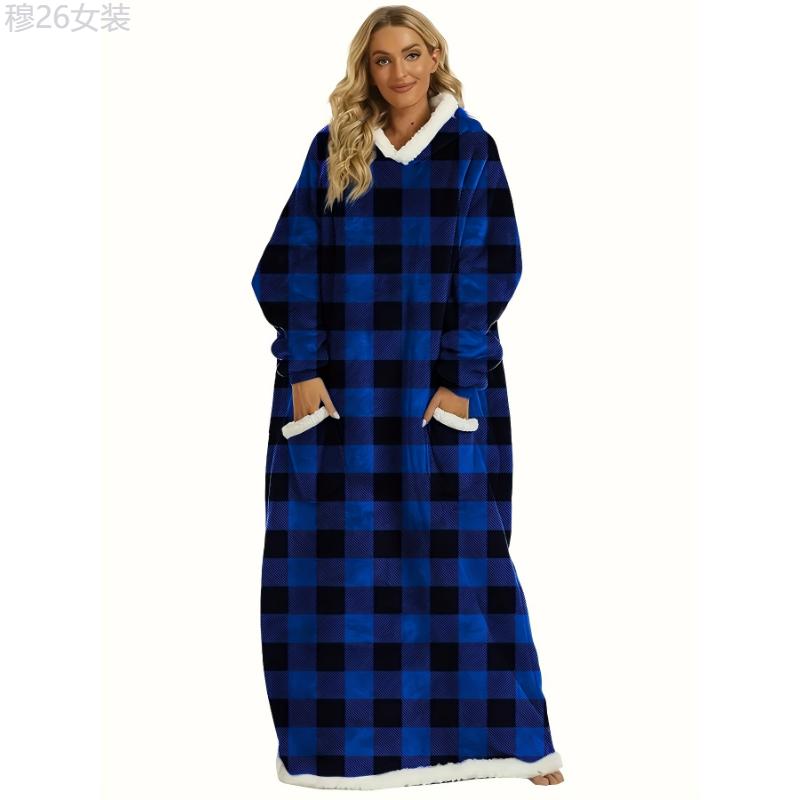 Plus Size Womens Flannel Loungewear Robe - Super Soft Hooded Wearable Blanket with Pockets for Cozy Casual Days Fabric Sleeve