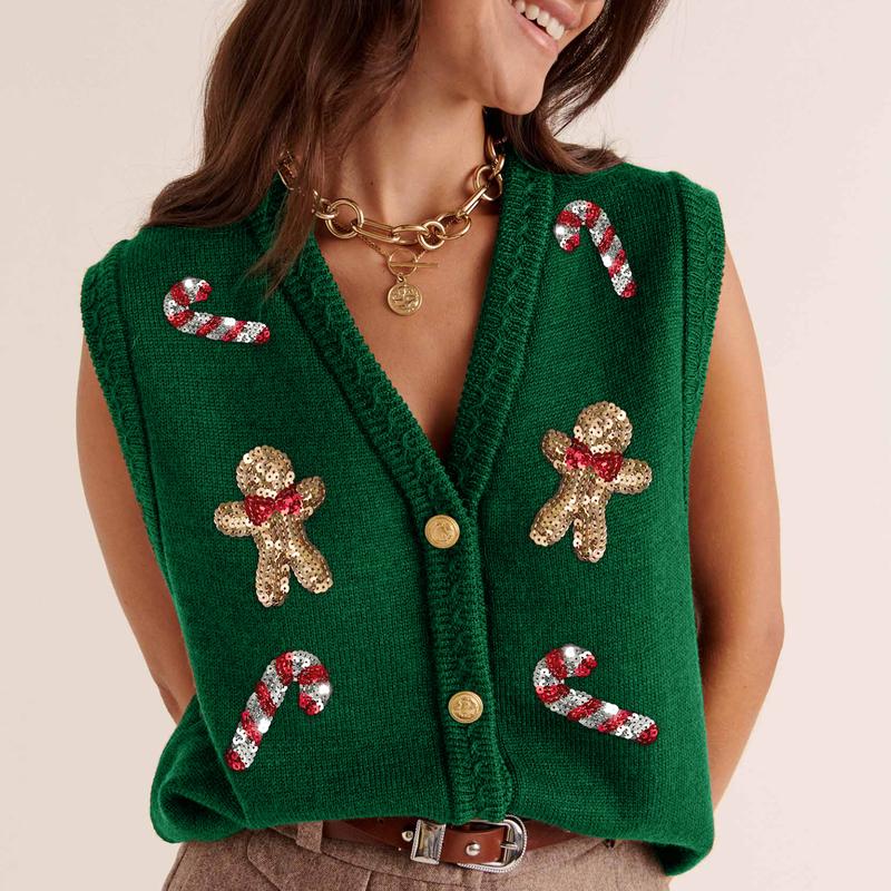 Women’s V Neck Knit Vest Christmas Sleeveless Sequin Embroidery Button Tank Tops Sweater Vest