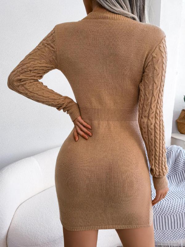 Women's Plain Cut Out Boat Neck Cable Knit Sweater Dress, Elegant Textured Long Sleeve Bodycon Knit Dress, Women's Knitwear For Daily Wear