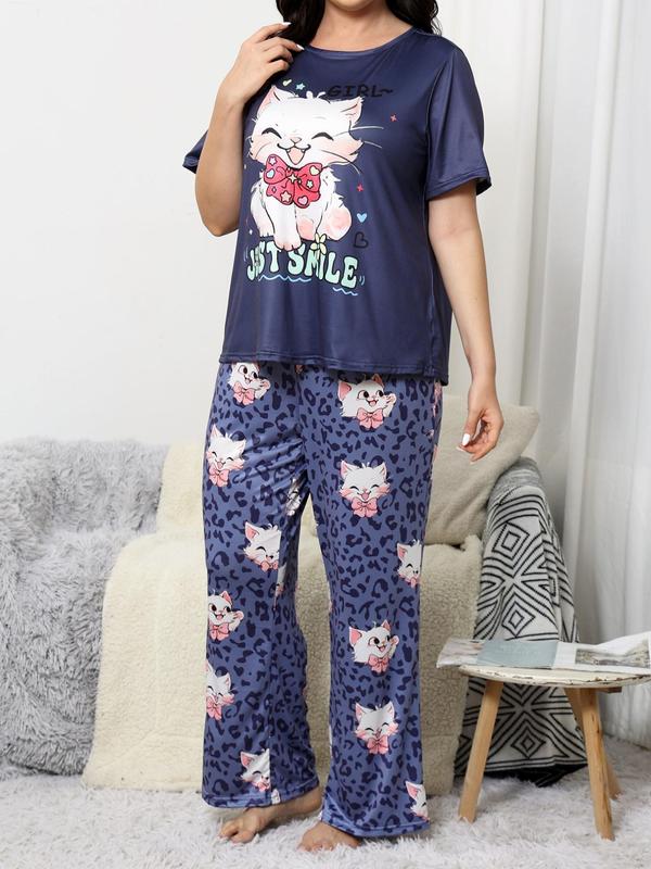 Plus Size Cartoon Cat Print Pyjama Set, Cute Drop Shoulder Sleep Tee & Leopard Print Elastic Waist Pants, Summer Clothes Women Sleepwear