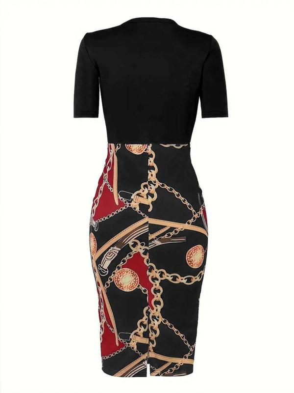 Women's Patchwork Chain Print Belted Bodycon Dress, Elegant Short Sleeve Midi Dress for Spring & Fall,  Women's Clothing, Dresses for Women, Ladies Clothes for Daily Outdoor Office Wear